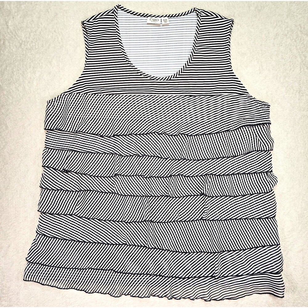 Cato Woman Tank Top Size 18/20W Black White Striped Sleeveless Tiered